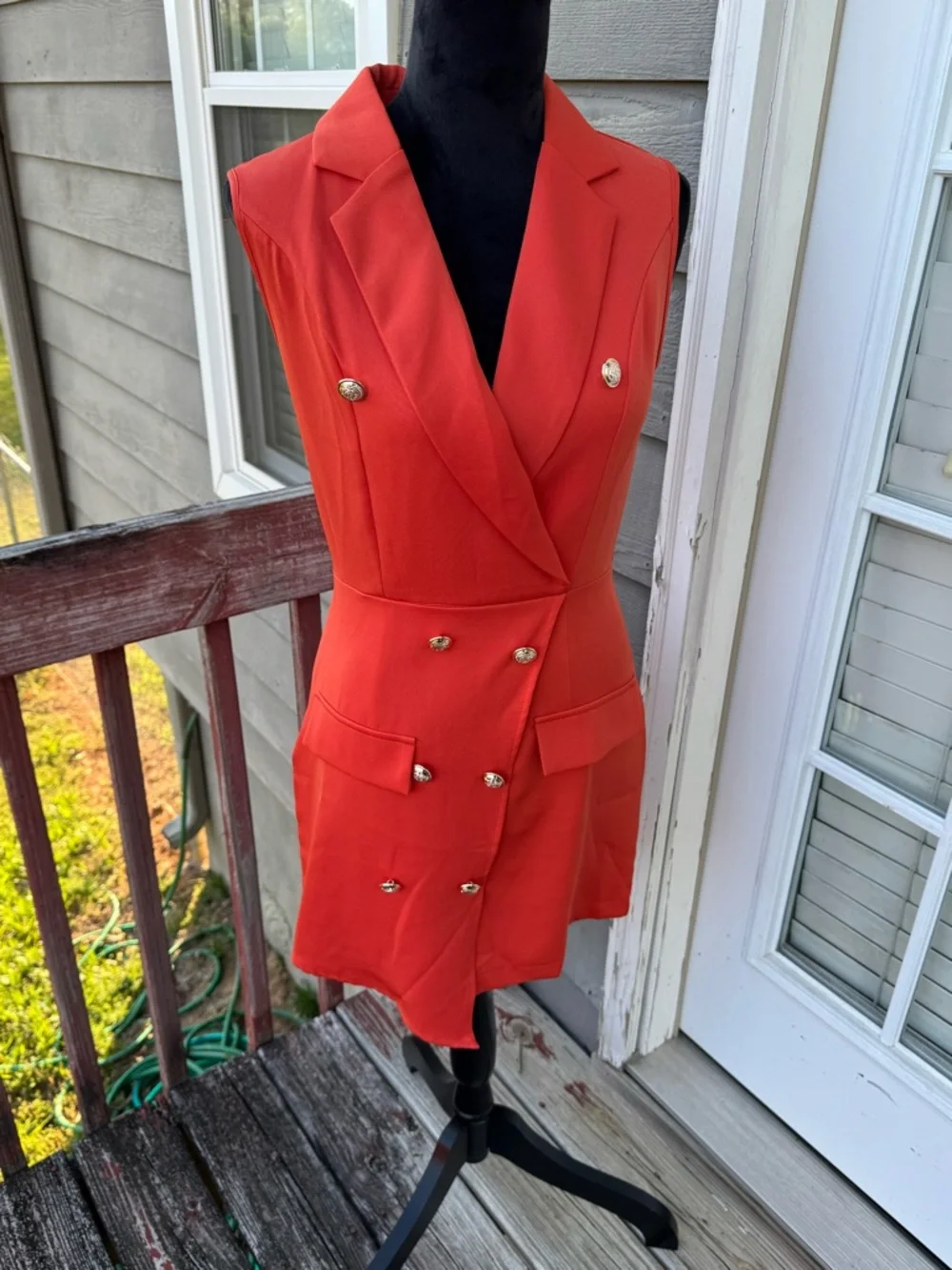 Sleeveless Coral Red/Orange‎ Double-Breasted Blazer Mini Dress